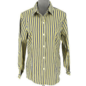Jones NY Top Womens Large Non Iron Shirt Black Gold Stripe Cotton Blouse Preppy